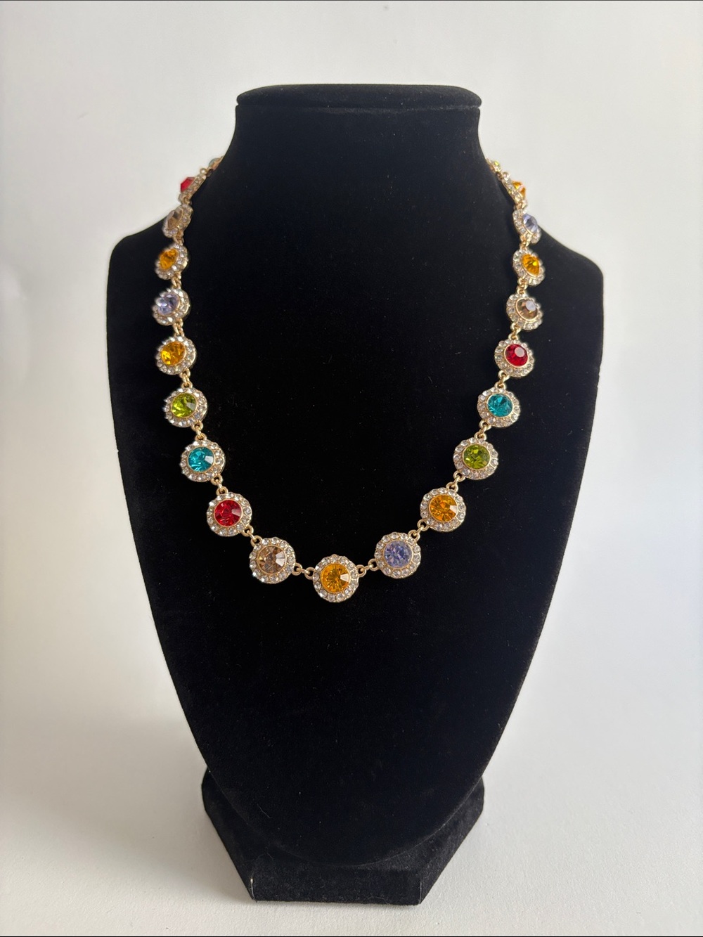 Multicolor Crystal Halo Necklace Gold Tone Rainbow Statement Jewelry